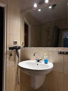 a bathroom with a sink and a mirror at Domek Aga in Węgorzewo