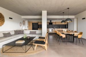 提诺斯Blue Gres Villa Tinos的客厅里有一张沙发和一张桌子。