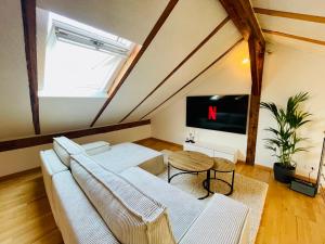 a living room with a couch and a tv at -TheUrbanist- Sauna Free Parking Fast WiFi in Unterseen