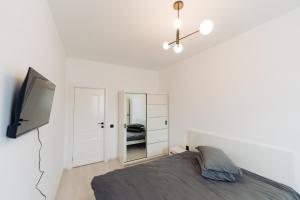 Un dormitorio con una cama y un televisor de pantalla plana. en Cozy 2-Room Apartment - Free Parking - Close to Airport, en Apahida 4 fotos más