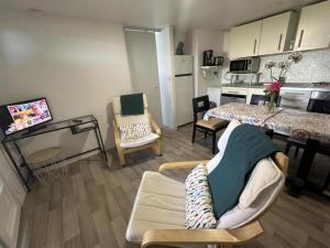 a living room with a couch and a kitchen at La lande in Pontonx-sur-lʼAdour +7 photos