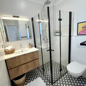 a bathroom with a shower and a sink and a toilet at ארץ מדבר - יחידת אירוח בבאר אורה in Beʼer Ora +21 photos
