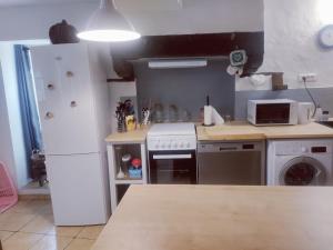 Loscouët-sur-MeuDetached house in a Breton farmhouse的带炉灶和白色冰箱的厨房 更多5张照片