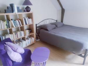 Loscouët-sur-MeuDetached house in a Breton farmhouse的一间卧室配有一张床、一把椅子和一个书架