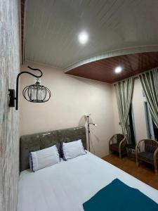 una camera da letto con un letto e un lampadario di Sapo Guest House a Berastagi