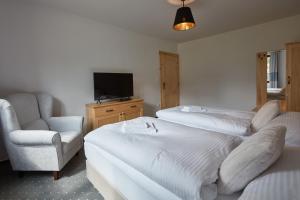 a bedroom with two beds and a chair and a television at Rezort Gothal Apartmány a Penzióny in Donovaly