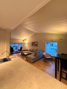 un salon avec un canapé et une table dans l'établissement Arctic View House - near Cable Car & Arctic Cathedral, à Tromsø