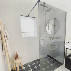 a bathroom with a shower and a sink and a mirror at Chambre d Amis in Lokeren