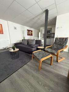 un salon avec deux chaises et un canapé dans l'établissement Modernes 1-Zimmer-Apartment im Herzen Oberkochens, à Oberkochen