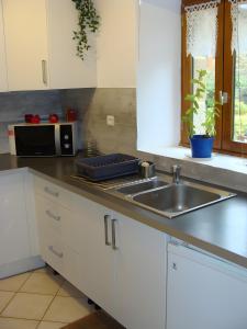 een keuken met een spoelbak en een magnetron bij Maison Les Volets Bleus Binic in Lantic