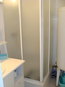 een badkamer met douche en toilet bij Maison Les Volets Bleus Binic in Lantic +17 foto's