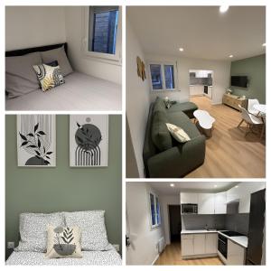 a collage of four pictures of a living room at L'Olivier RDC in Abbeville