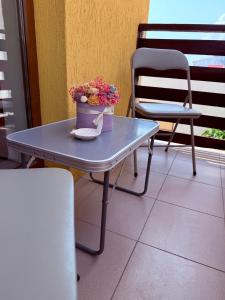 a table with a pot of flowers and a chair at Vila Cristina in Mamaia Sat/Năvodari +8 photos