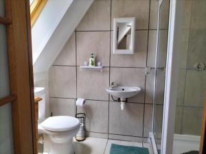 a bathroom with a toilet and a sink at Suites on 74 in Worcester +26 photos