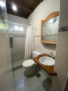 ein Badezimmer mit Toilette, Waschbecken und Spiegel in der Unterkunft La Unión in Mar Azul + 15 Fotos