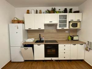 a kitchen with white cabinets and a white refrigerator at Apartmán pod Božím Darem in Jáchymov
