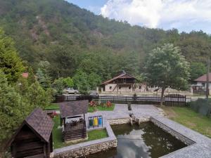an aerial view of a house with a pond at Hanul Vanatorului in Gureni