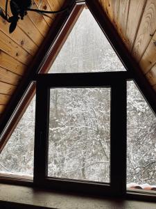 una ventana en una cabaña con árboles nevados en Hanul Vanatorului, en Gureni
