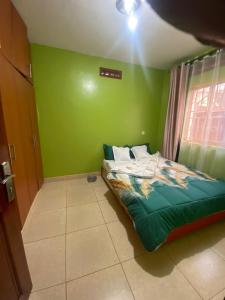 a bedroom with green walls and a bed in it at Laala Homes in Kampala