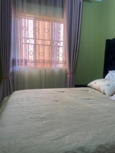 a bedroom with a bed with a window with curtains at Laala Homes in Kampala