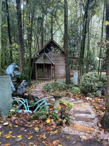 a log cabin in the woods with a bird bath in front at Go Glamping in Athens, Georgia, in this Cozy Tiny House for Four in Athens