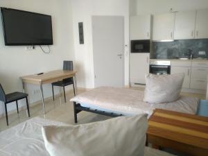 a room with a bed and a desk and a tv at Ferienwohnung Beetzseeheide in Ketzür