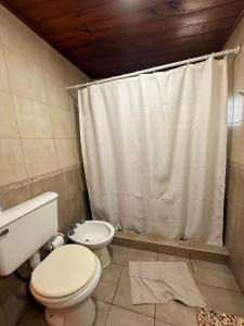 a bathroom with a toilet and a shower curtain at Cabañas Rocas in Tandil +2 photos