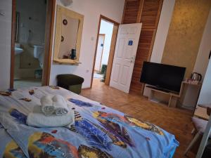 a bedroom with a bed with towels and a television at Prenociste Aurelia in Subotica