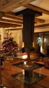 een open haard in een woonkamer met een kerstboom bij La Tour de la Chapelle - Parking privé in Obernai