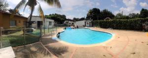 a large swimming pool in a yard with a palm tree at Cabaña brisa melgar in Melgar