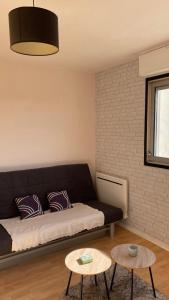 sala de estar con sofá negro y 2 mesas en Studio Bord Loire, en La Riche