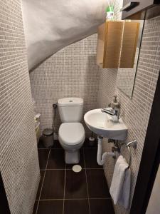 ルートラキにあるAtlas on the water - Loutrakiのトイレと洗面台のある小さなバスルーム +17枚の写真