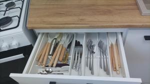 a drawer filled with utensils underneath a kitchen counter at Apartament Serenity in Băile Herculane