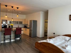 a bedroom with a bed and a kitchen with a counter at Rohrbacher Herz in Rohrbach in Oberösterreich