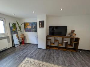 een woonkamer met een flatscreen-tv bij Modern habitable gallery, centrally located in Hirschaid in Hirschaid