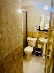 a bathroom with a toilet and a sink at Hotel Luxor Cúcuta in Cúcuta
