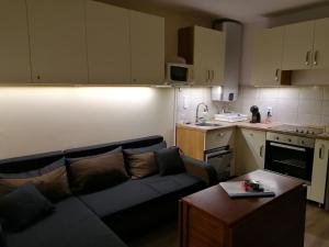 a living room with a couch and a kitchen at Pecó Kecó in Ráckeve