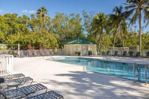 a swimming pool with chairs and palm trees at Tortuga Suite at Sunrise Suites Resort - Heated Pool, Hot Tub & Free Parking in Key West