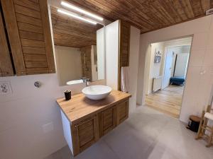 a bathroom with a sink and a mirror at White Pearl Apartment in Murau