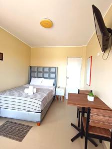 ein Schlafzimmer mit einem Bett, einem Schreibtisch und einem Fernseher in der Unterkunft HOSPEDAJE JOSUE - paracas in Paracas