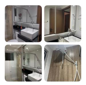 four pictures of a bathroom with two sinks and a mirror at Apartamento centro de Paulista-Pe in Paulista +8 photos