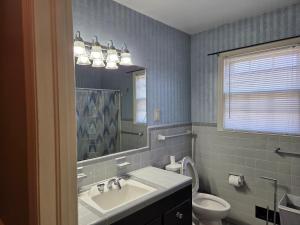 a bathroom with a sink and a toilet and a mirror at House near Loris, Longs, Little River and Sunset Beach in Loris
