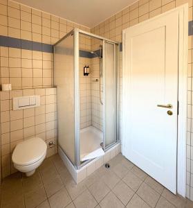 um banheiro com chuveiro e vaso sanitário em Hôtel Château Schengen em Schengen