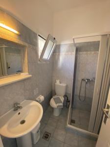 a bathroom with a sink and a toilet and a shower at Elpis Rooms in Mylopotas +42 photos