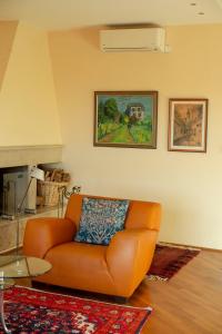 ウィーンにあるHerrlicher Ausblick über Wienの暖炉付きのリビングルームにオレンジのソファ