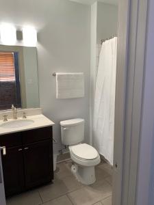 een badkamer met een wit toilet en een wastafel bij Creole Nest in New Orleans +6 foto's