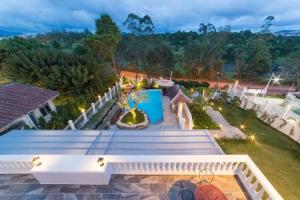 an overhead view of a backyard with a pool at Dalat Villaa in Da Lat