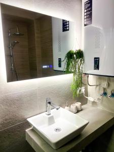 een badkamer met een wastafel en een spiegel bij Bakuriani premium comfort in Bakuriani