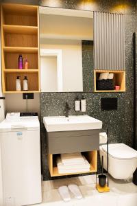 une salle de bain avec un lavabo et des toilettes dans l'établissement Luxurious apartment by Hotel Casa David 2025, à Craiova 62 autres photos