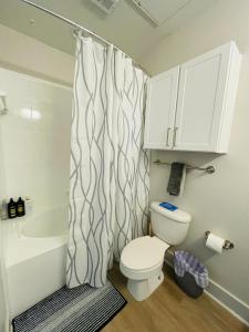 een badkamer met toilet en douchegordijn bij Cozy, Charming, and Chic Stay in Dallas +3 foto's